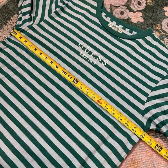 Guess Mens T-Shirt Medium Striped Short Sleeve 90s Y2K Spellout Embroidered Blue - Picture 9 of 10